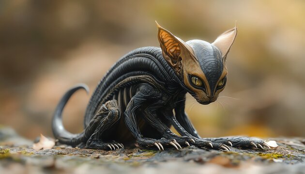Charming cat xenomorph hybrid with tiny claws, a smooth head, and a curious expression, combining the cuteness of a cat with alien traits