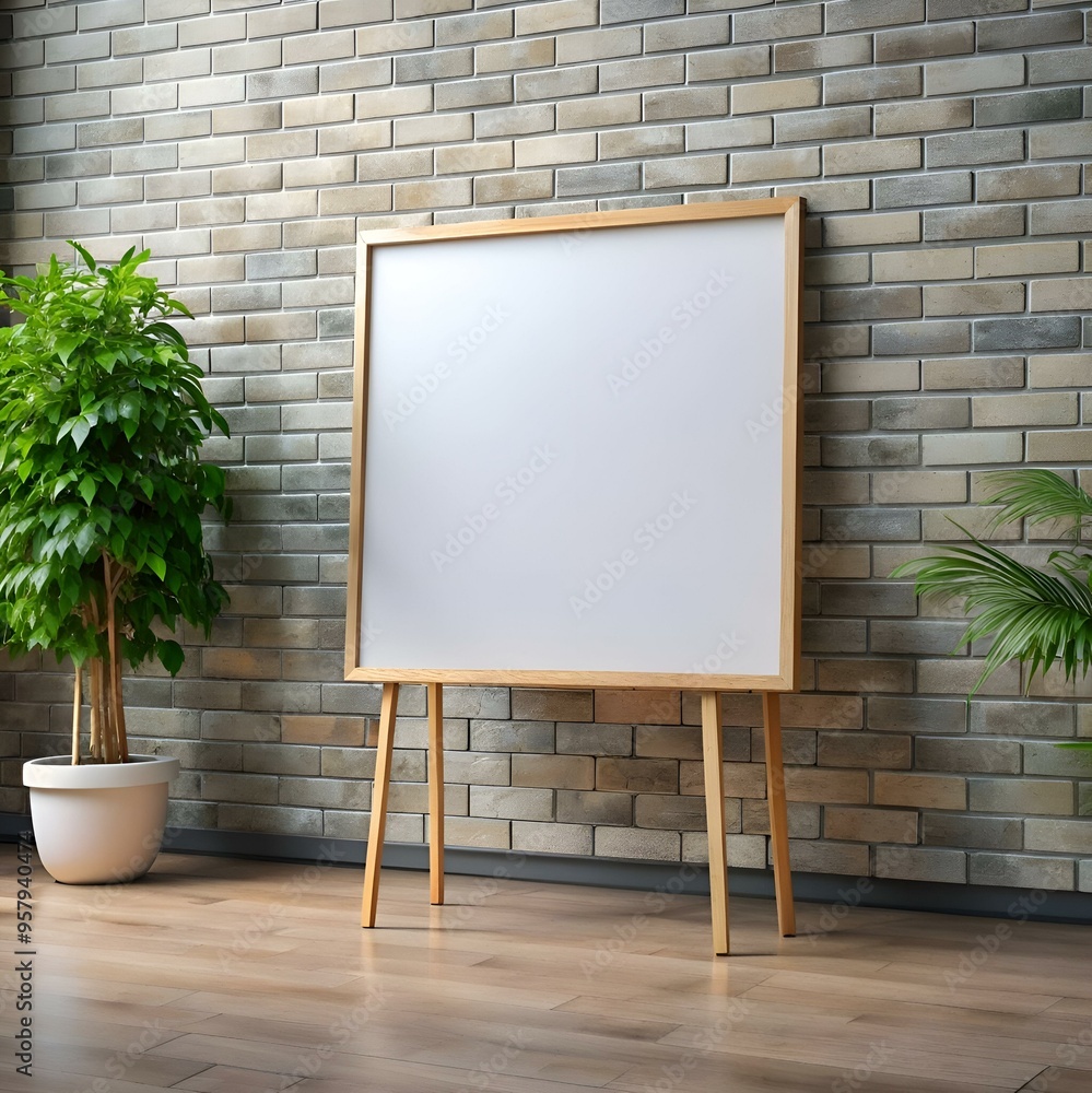 Poster blank canvas on an easel against a brick wall perfect for your next creative project! add your own d