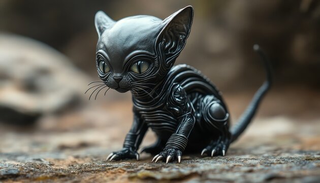 Charming cat xenomorph hybrid with tiny claws, a smooth head, and a curious expression, combining the cuteness of a cat with alien traits