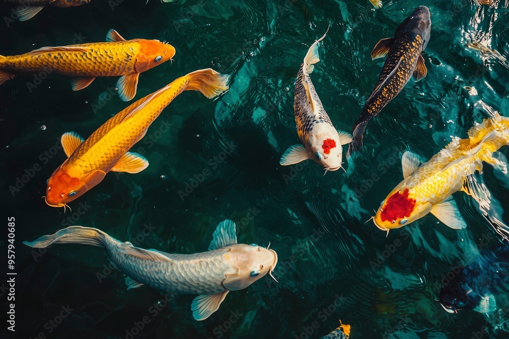 Poster Colorful Koi Fish Swimming in a Pond