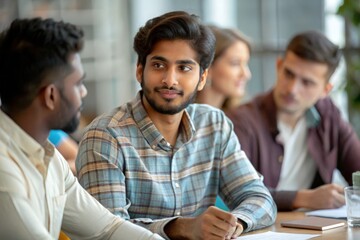 Fototapeta premium An Indian male student engaged in a group project meeting or brainstorming session. 