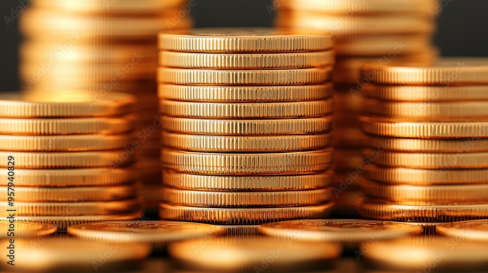 Poster overflowing wealth - gold coins cascading in with copy space.