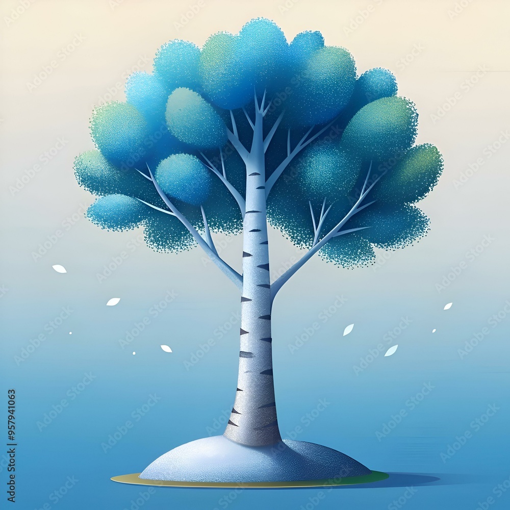 Aufkleber a charming 3d illustration of a silver birch tree with a whimsical blue and green canopy. perfect fo