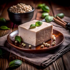 A close up of a fresh block of tofu.  perfectly sliced and ready to be used in a variety of delicious recipes.