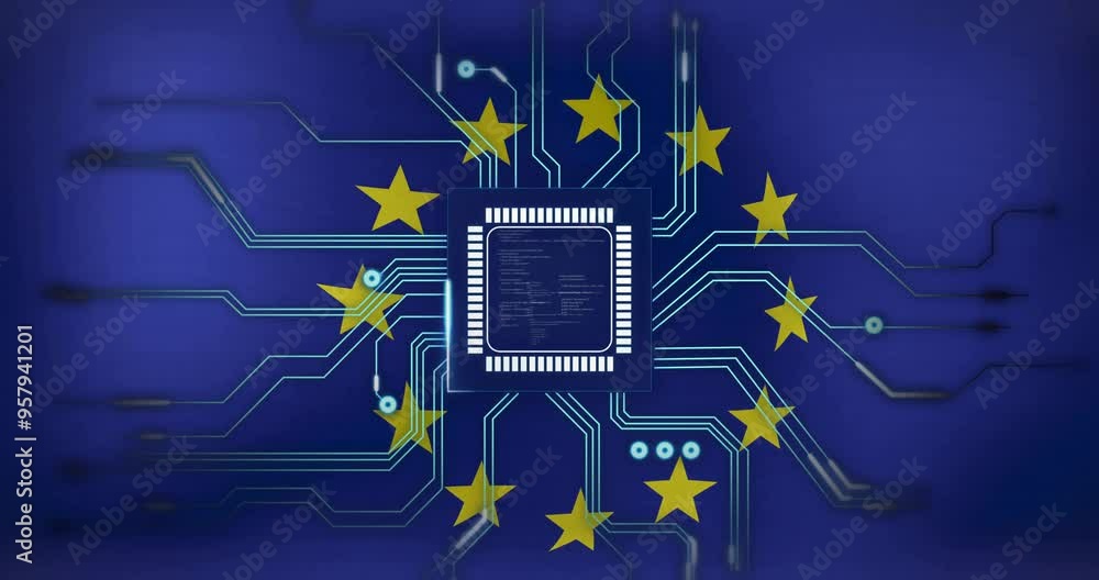 Poster microchip and circuitry over european union flag with stars