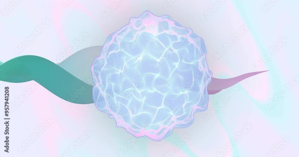 Poster abstract animation with glowing, wavy lines and colorful shapes on light background