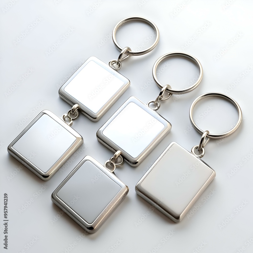 Poster four blank silver keychains with square tags. perfect for branding or personalization.