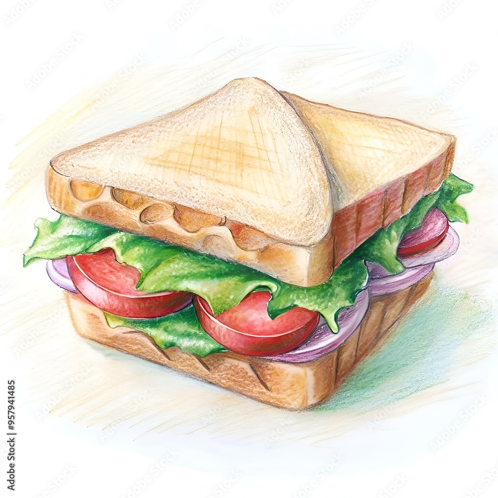 Poster a charming hand drawn illustration of a simple sandwich. perfect for adding a touch of whimsy to men