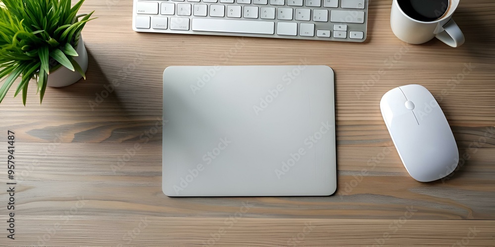 Poster a simple yet elegant image of a white computer mouse resting on a wooden desk. beside a grey mousepa
