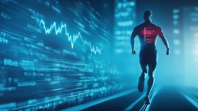digital display of heart rate data from a monitor, overlaid on an athletic silhouette, representing fitness optimization