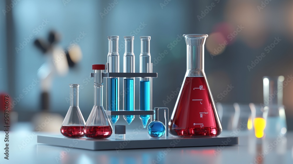 Poster a colorful laboratory setup featuring various test tubes and flasks filled with vibrant liquids for 