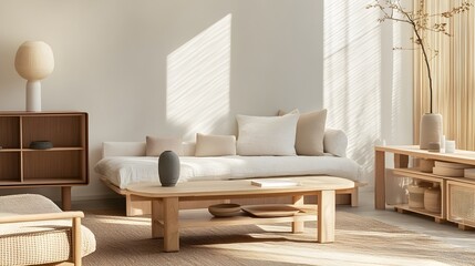 Minimalist Muji-Inspired Living Room with Blank Space for Text or Graphics