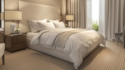 Elegant hotel bedroom with contemporary decor, Soft carpeted floors, Large bed with crisp white linens, Warm bedside lighting, Calm and luxurious mood.