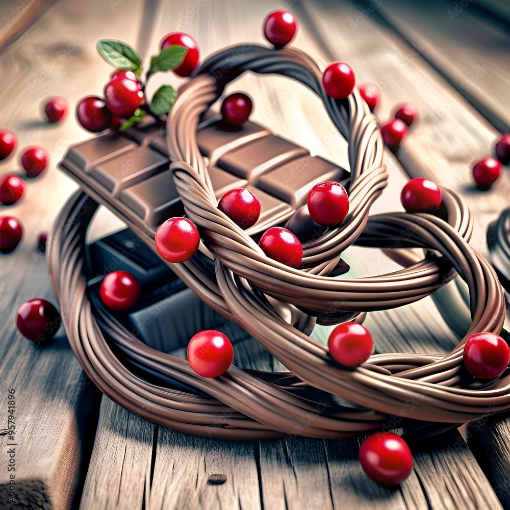 Poster a captivating 3d illustration of a chocolate vine entwined with red berries. creating a delectable a