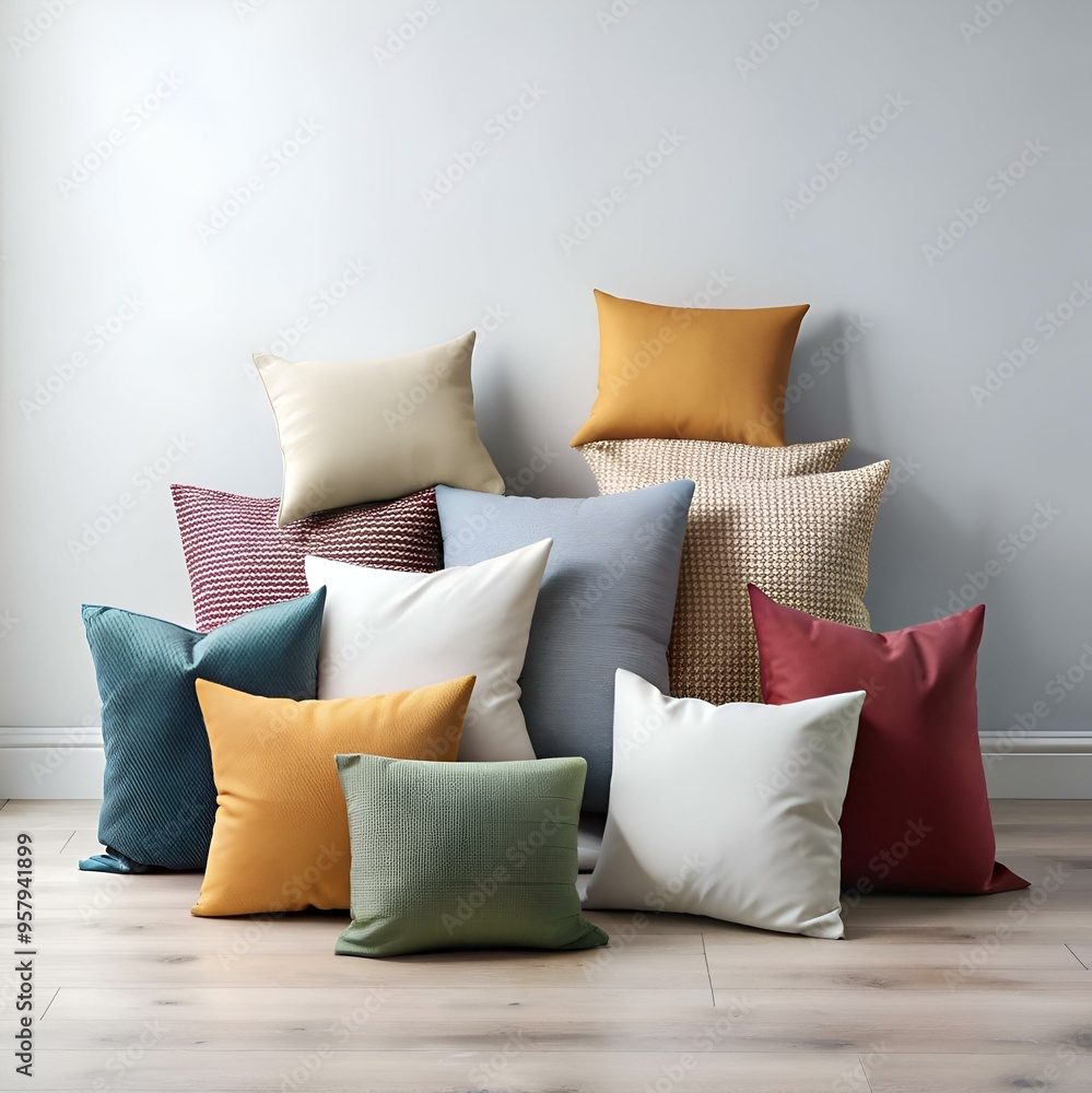 Poster a cozy and inviting arrangement of colorful pillows in various textures and patterns.