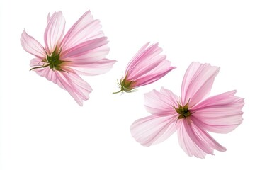 A delicate pink cosmos flower with a few petals detached and floating away