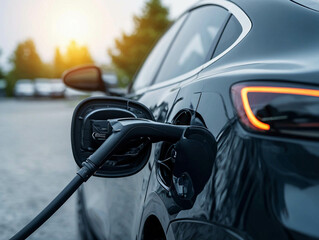 Charging electric vehicles via plugs at charging stations. EV car charging station in parking. Nature energy, Clean energy, Green eco concept.