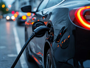 Charging electric vehicles via plugs at charging stations. EV car charging station in parking. Nature energy, Clean energy, Green eco concept.