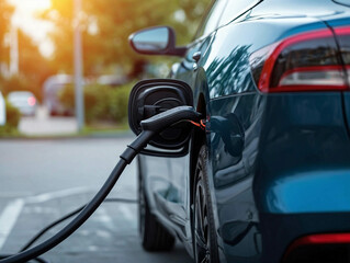 Charging electric vehicles via plugs at charging stations. EV car charging station in parking. Nature energy, Clean energy, Green eco concept.