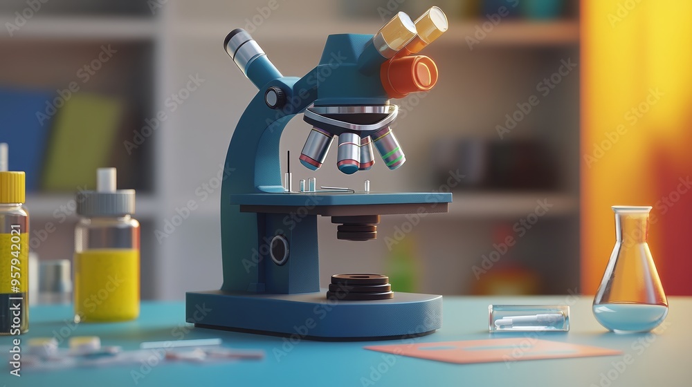 Poster a colorful microscope on a laboratory table surrounded by test tubes and glassware, representing sci