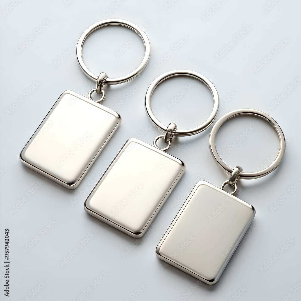 Poster three blank silver keychains perfect for branding. personalization. or adding a unique touch to your
