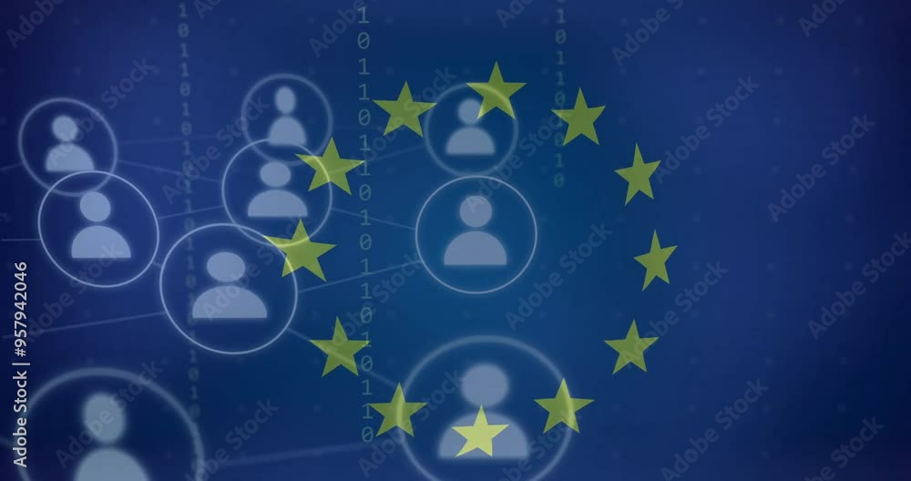 Poster european union stars over network of connected user icons and binary code