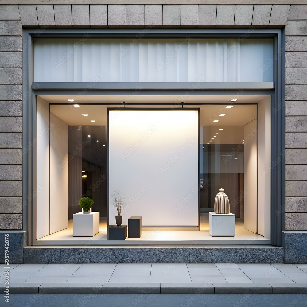 Poster blank storefront with large window display. perfect for showcasing your products or brand.