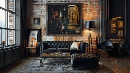 Fototapeta premium Industrial Glamour: Black Commode and Chair with Metallic Accents in Stylish Living Room