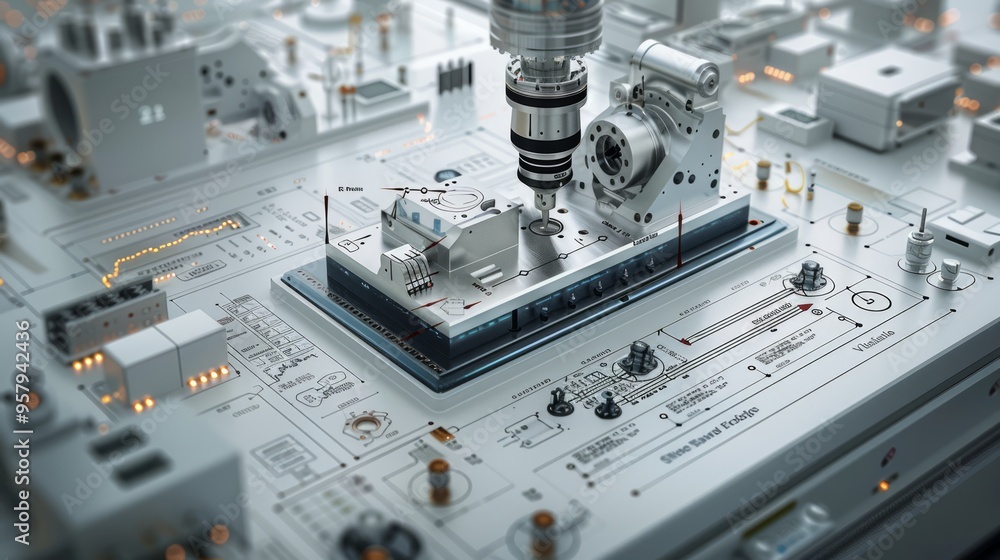 Poster a complex diagram illustrating the cnc machining process, with annotations explaining toolpaths and 