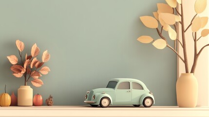 A charming scene featuring a vintage toy car beside decorative plants and seasonal pumpkins on a minimalist shelf.