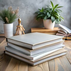 A stack of four books with a soft focus background.