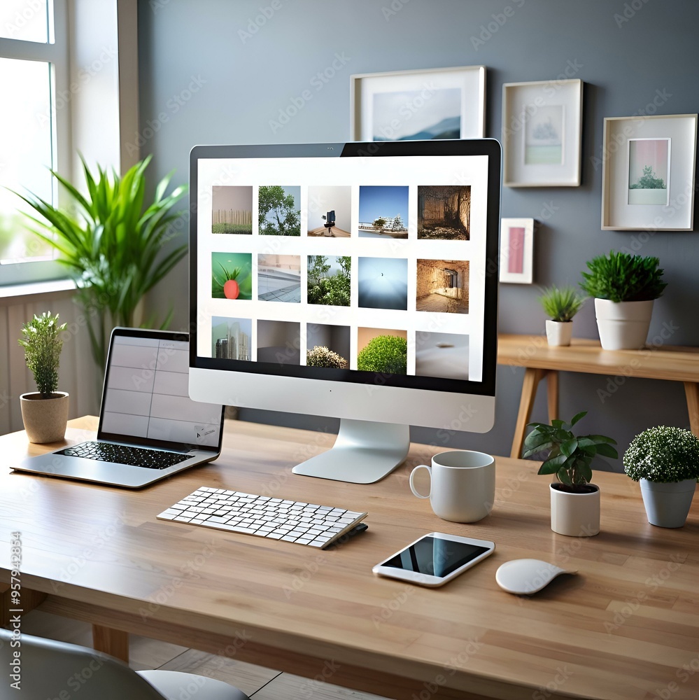 Poster a modern. sleek desktop computer displaying a grid of diverse images. showcasing the creative potent