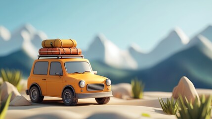 A vibrant yellow car loaded with camping gear, set against a picturesque mountain landscape, perfect for travel themes.