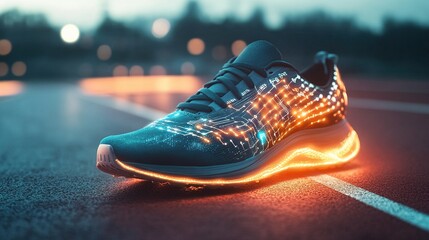 pair of smart running shoes with visible embedded technology, sensors glowing with data flow patterns, set on a track with motion blur