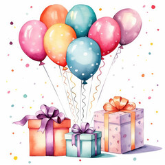 Birthday Gift boxes and balloons. Watercolor illustration on white background.