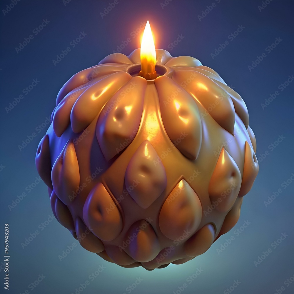 Poster a unique. 3d rendered illustration of a stylized candlenut with a flickering flame. perfect for addi