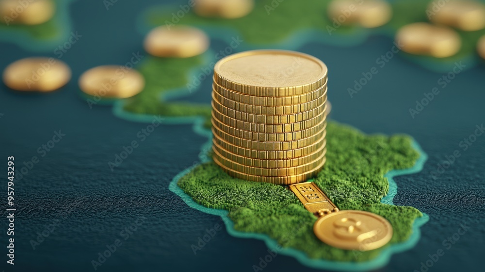 Poster unveiling investment treasures: wealthy path on map with copy space, focus on foreground, exploratio