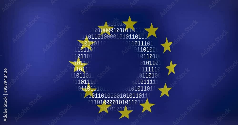 Poster european union flag with binary code animation surrounding it