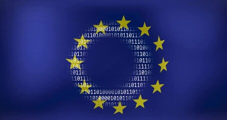 European Union flag with binary code animation surrounding it - Powered by Adobe
