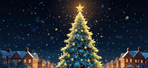 Fototapeta premium Merry Christmas, tree polygon, confetti, golden glowing particles scatter, poster, postcard Blue luxury in winter background seasonal holiday