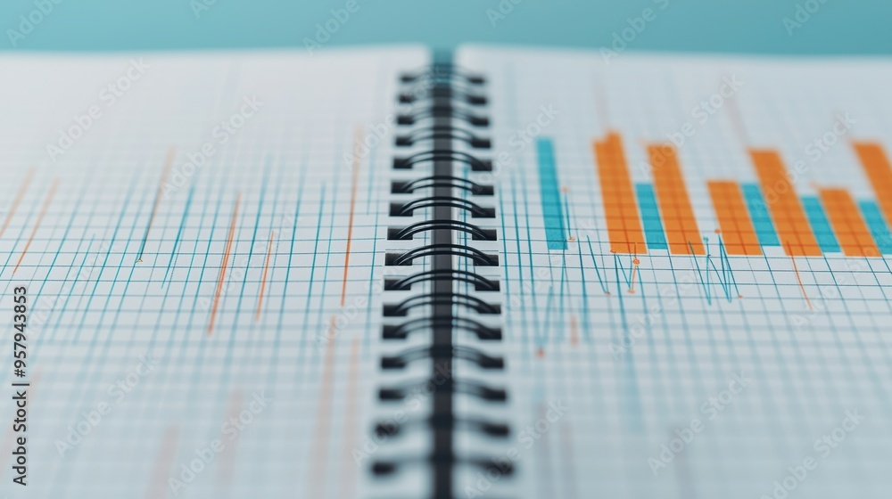 Poster financial planning notebook with rising graphs in , copy space for text, selective focus on foregrou