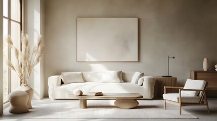 Serene and Sophisticated Nordic-Inspired Living Room with Muted Tones and Minimal Decor