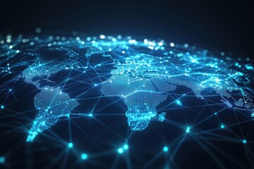 A digital rendering of a global map interconnected by glowing blue lines and nodes