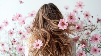 Naklejka premium Pink Cosmos flower on long hair of beauty woman in studio,spring or summer concept,creative bright image for advertising products for hair,copy space,Bridal hairstyle with real flowers.