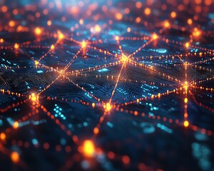 Complex blockchain network spread across a vast digital canvas, with radiant lines linking blocks, representing nodes of advancement and the boundless potential of technology