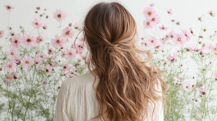 Naklejka premium Pink Cosmos flower on long hair of beauty woman in studio,spring or summer concept,creative bright image for advertising products for hair,copy space,Bridal hairstyle with real flowers.