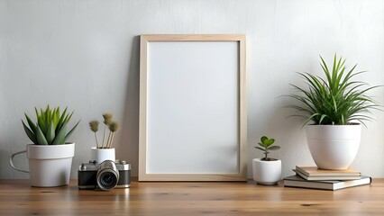 A minimalist mockup featuring a blank frame. potted plants. and a vintage camera on a wooden table.