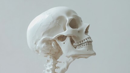 Obraz premium A close-up of a white human skull viewed from the side, against a white background.