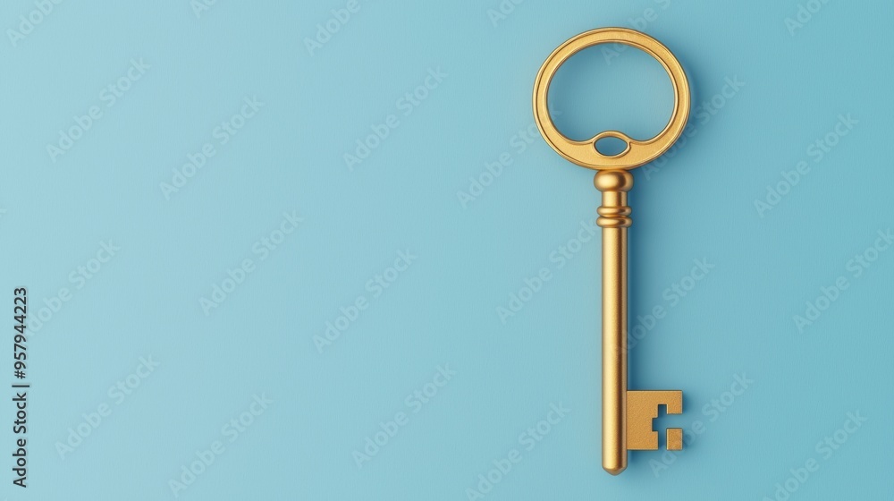 Poster unlocking business success - golden key to wealth with copy space, selective focus. image for concep