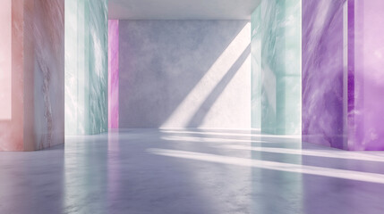 Empty beautiful room with walls made of precious stone and crystals. Backlight and rays of light.